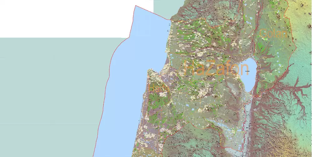 Israel Extra High Detailed vector map - admin aread, roads, relief, topo isolines Adobe Illustrator