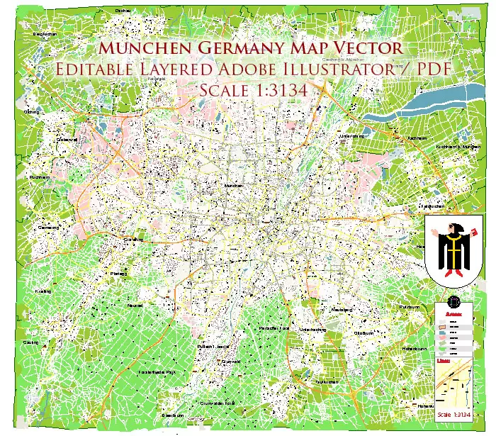 Munchen Germany Vector Map 1971 high detailed layered Adobe Illustrator