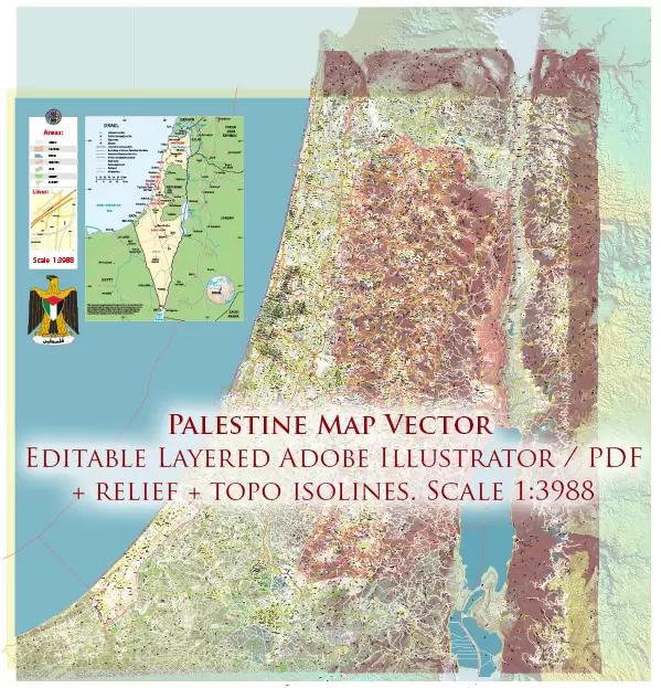 Palestine Extra High Detailed vector map - admin aread, roads, relief, topo isolines Adobe Illustrator