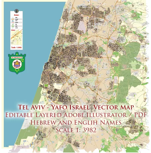 Tel Aviv Israel PDF Vector Map 1971 high detailed layered Adobe PDF (latin + hebrew names)