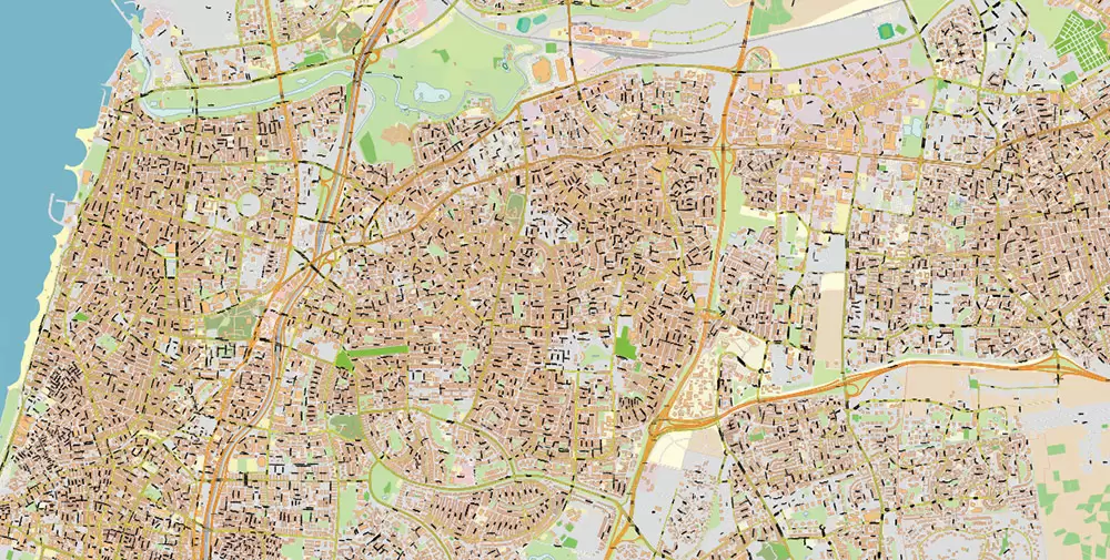 Tel Aviv Israel PDF Vector Map 1971 high detailed layered Adobe PDF (latin + hebrew names)