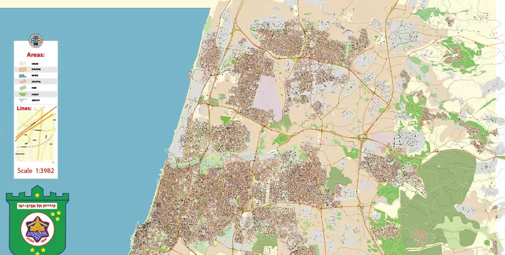 Tel Aviv Israel PDF Vector Map 1971 high detailed layered Adobe PDF (latin + hebrew names)