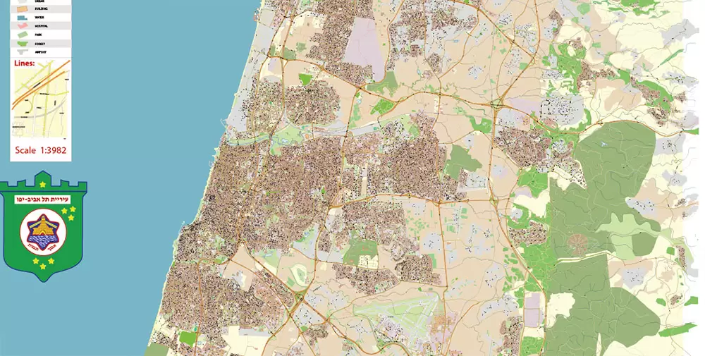 Tel Aviv Israel PDF Vector Map 1971 high detailed layered Adobe PDF (latin + hebrew names)