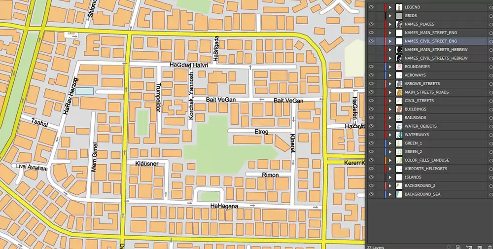 Tel Aviv Israel PDF Vector Map 1971 high detailed layered Adobe PDF (latin + hebrew names)