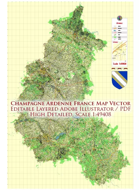 Champagne Ardenne France Vector Map exact extra detailed All Roads Cities Towns map editable Layered Adobe Illustrator