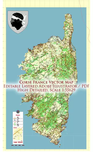 Corse France Vector Map exact extra detailed All Roads Cities Towns map editable Layered Adobe Illustrator