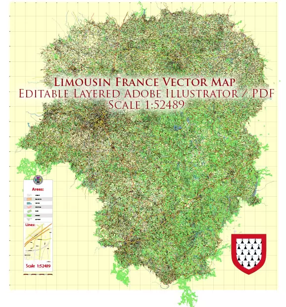 Limousin France Vector Map exact extra detailed All Roads Cities Towns map editable Layered Adobe Illustrator