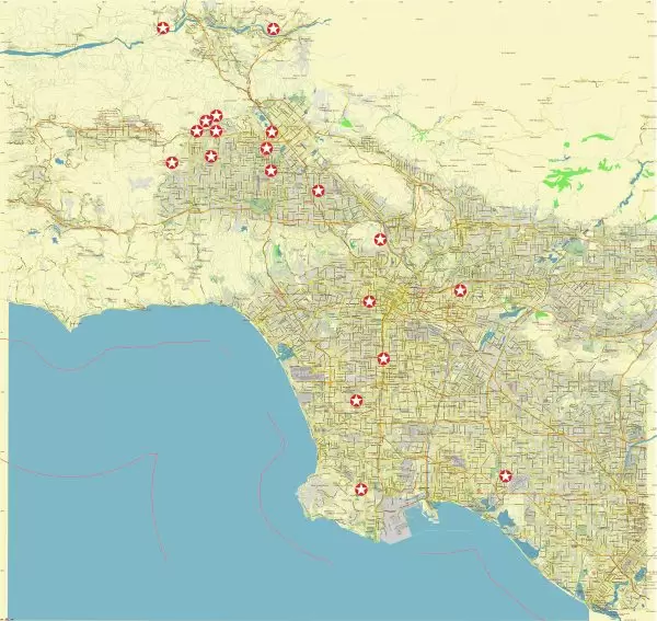 Los Angeles NW area California US Vector Map exact detailed All Roads Cities Towns map editable Layered Adobe Illustrator