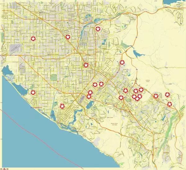 Los Angeles South-East (Orange county) Part area California US Vector Map exact detailed All Roads Cities Towns map editable Layered Adobe Illustrator