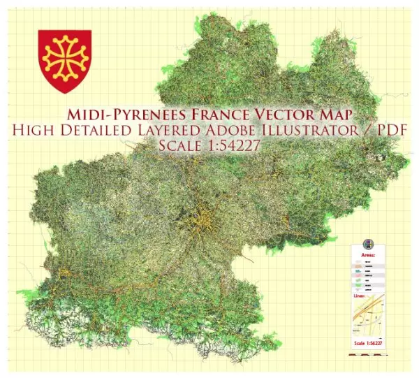 Midi Pyrenees France Vector Map exact extra detailed All Roads Cities Towns map editable Layered Adobe Illustrator