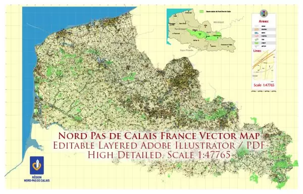 Nord Pas de Calais France Vector Map exact extra detailed All Roads Cities Towns map editable Layered Adobe Illustrator