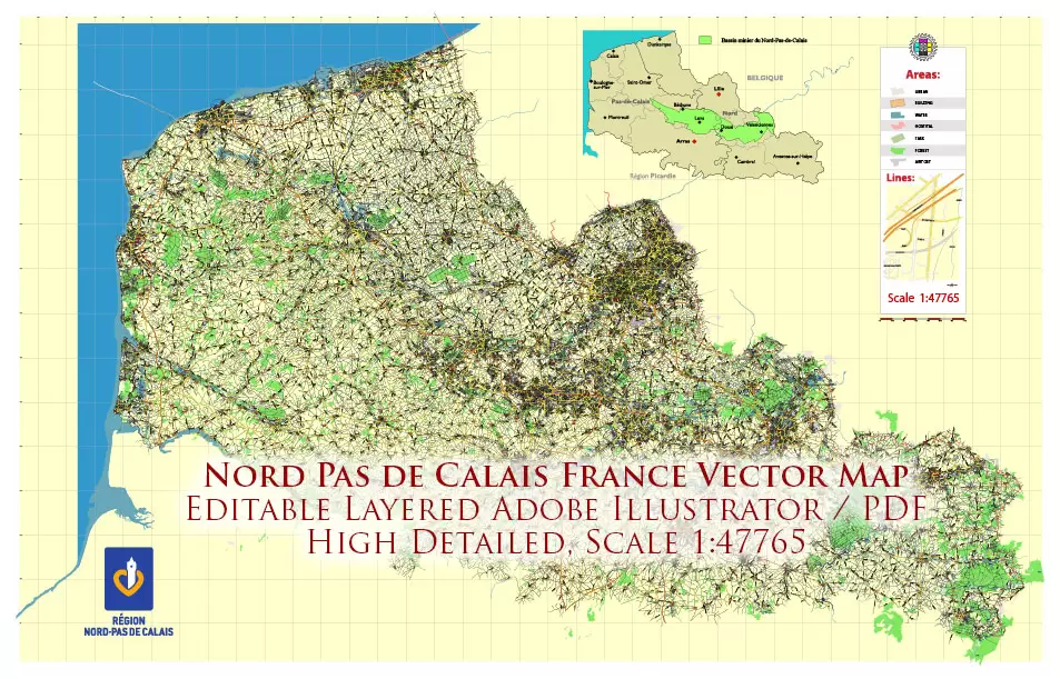 Nord Pas de Calais France PDF Vector Map exact extra detailed All Roads Cities Towns map editable Layered Adobe PDF