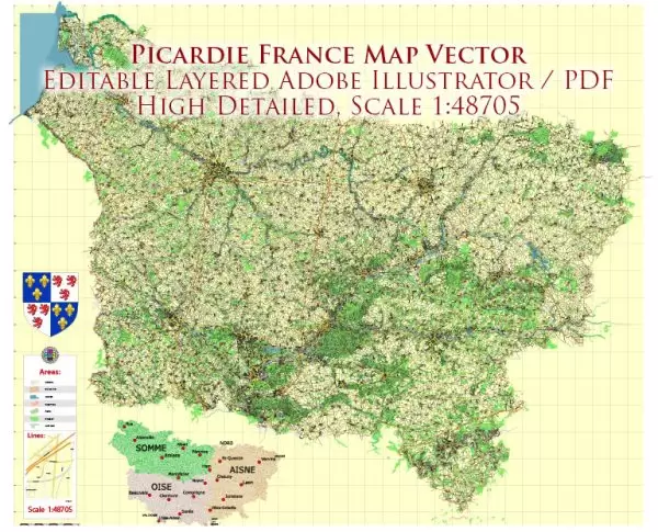 Picardie France Vector Map exact extra detailed All Roads Cities Towns map editable Layered Adobe Illustrator