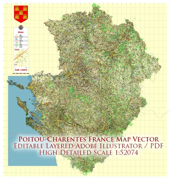Poitou Charentes France Vector Map exact extra detailed All Roads Cities Towns map editable Layered Adobe Illustrator