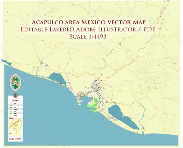 Acapulco area Mexico Vector Map exact high detailed editable layered Adobe Illustrator