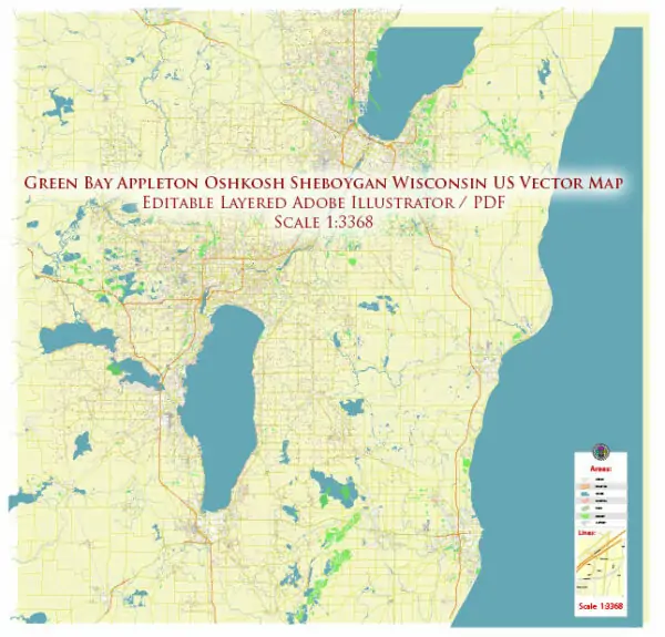 Green Bay - Sheboygan area Wisconsin US Vector Map exact high detailed editable layered Adobe Illustrator