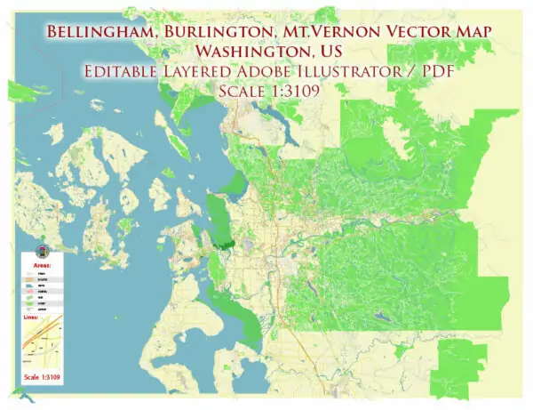 Bellingham Washington US Vector Map exact high detailed editable layered Adobe Illustrator