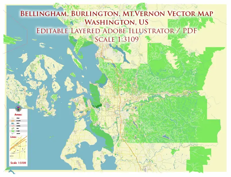 Bellingham Washington US PDF Vector Map exact high detailed editable layered Adobe PDF