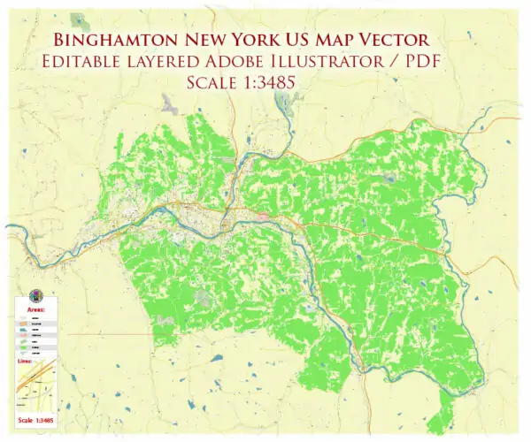 Binghamton New York US Vector Map exact high detailed editable layered Adobe Illustrator