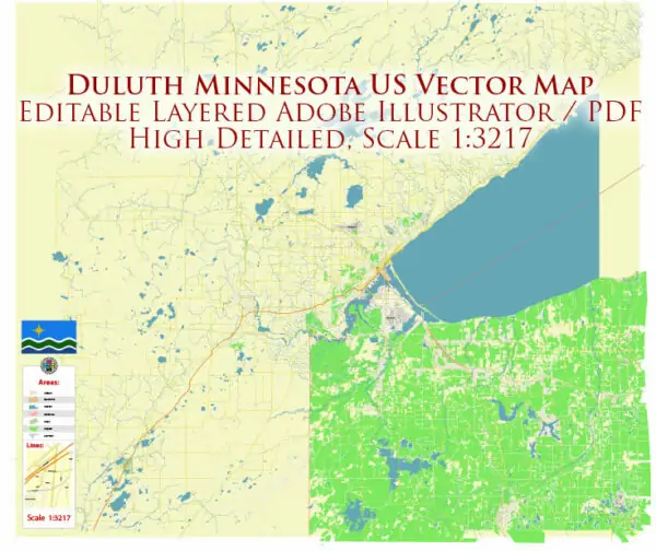 Duluth Minnesota US Vector Map high detailed All Roads Streets Cities Towns map editable Layered Adobe Illustrator
