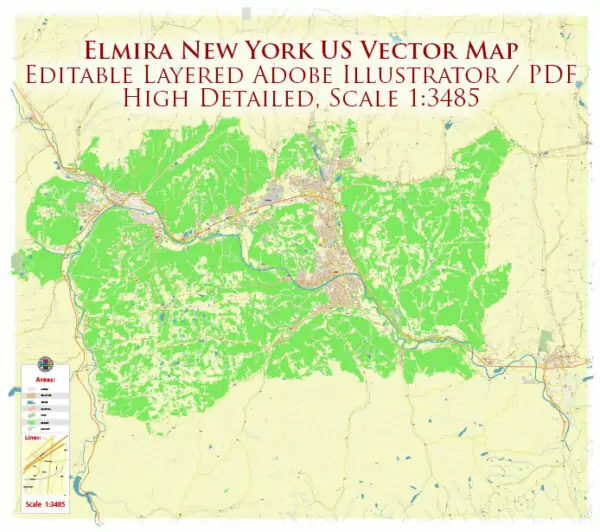 Elmira New York US Vector Map high detailed All Roads Streets Cities Towns map editable Layered Adobe Illustrator