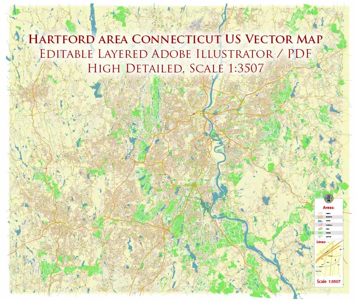 Hartford area Connecticut US PDF Vector Map exact high detailed editable layered Adobe PDF