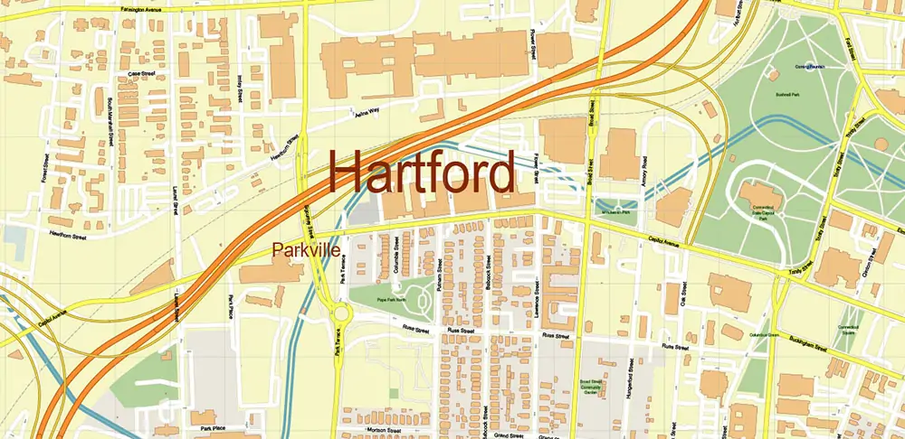 Hartford area Connecticut US PDF Vector Map exact high detailed editable layered Adobe PDF