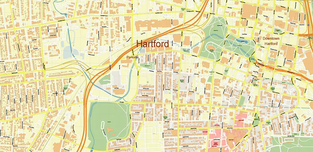 Hartford area Connecticut US PDF Vector Map exact high detailed editable layered Adobe PDF