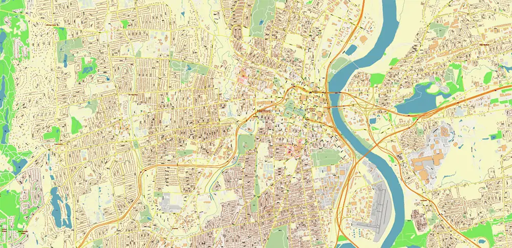Hartford area Connecticut US PDF Vector Map exact high detailed editable layered Adobe PDF