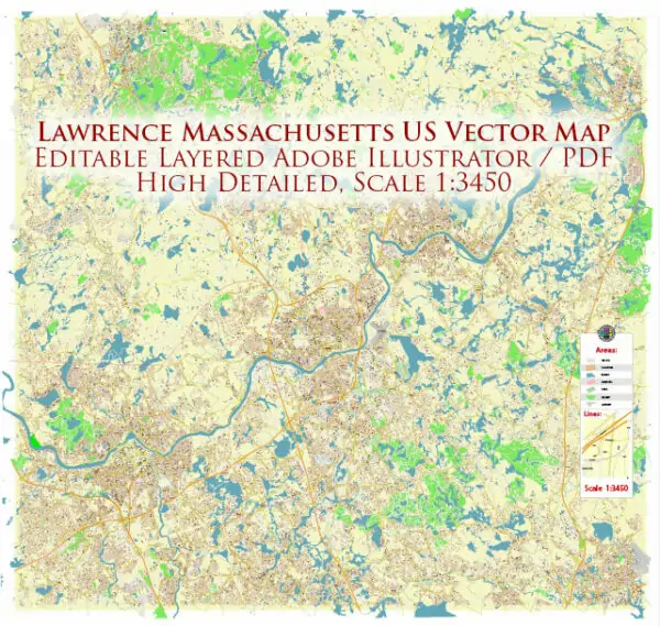 Lawrence Massachusetts US Vector Map high detailed All Roads Streets Cities Towns map editable Layered Adobe Illustrator