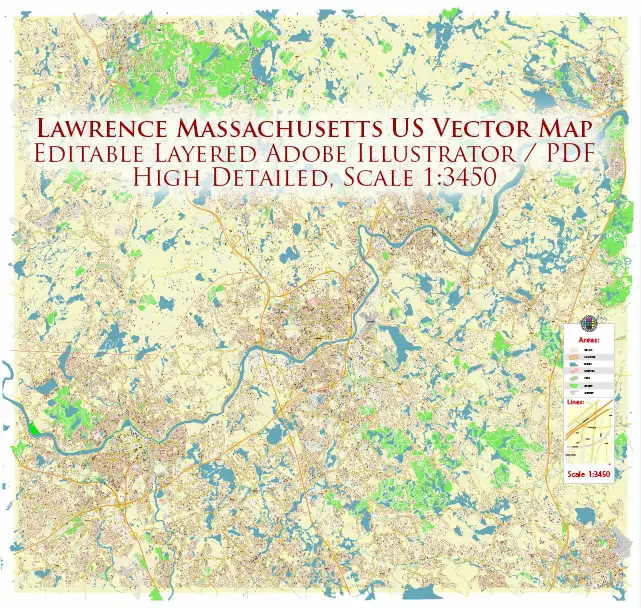Lawrence Massachusetts US PDF Vector Map high detailed All Roads Streets Cities Towns map editable Layered Adobe PDF