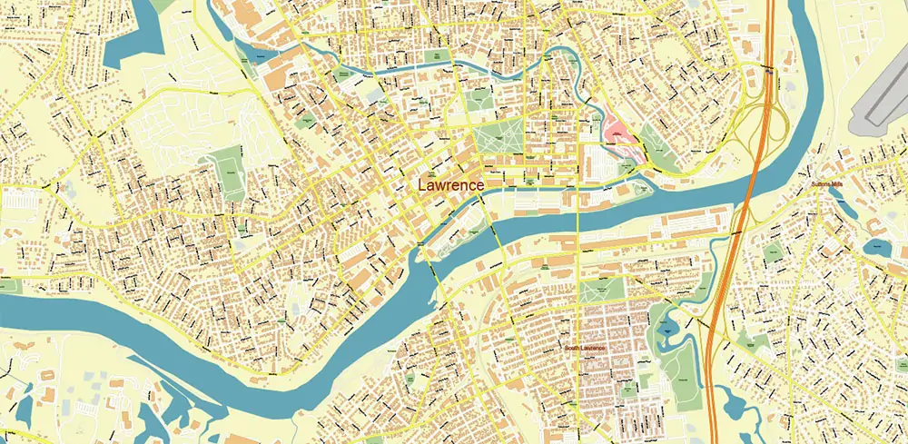 Lawrence Massachusetts US PDF Vector Map high detailed All Roads Streets Cities Towns map editable Layered Adobe PDF