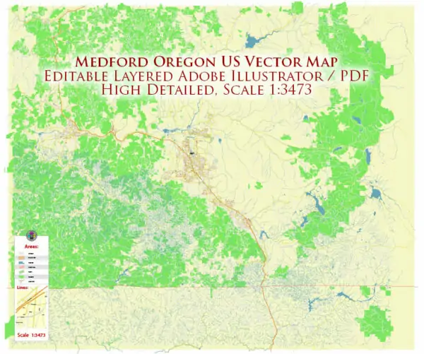 Medford Oregon US Vector Map high detailed All Roads Streets Cities Towns map editable Layered Adobe Illustrator
