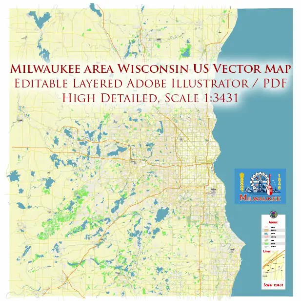 Milwaukee area Wisconsin US Vector Map exact high detailed editable layered Adobe Illustrator