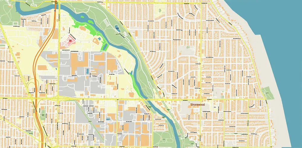 Milwaukee area Wisconsin US Vector Map exact high detailed editable layered Adobe Illustrator