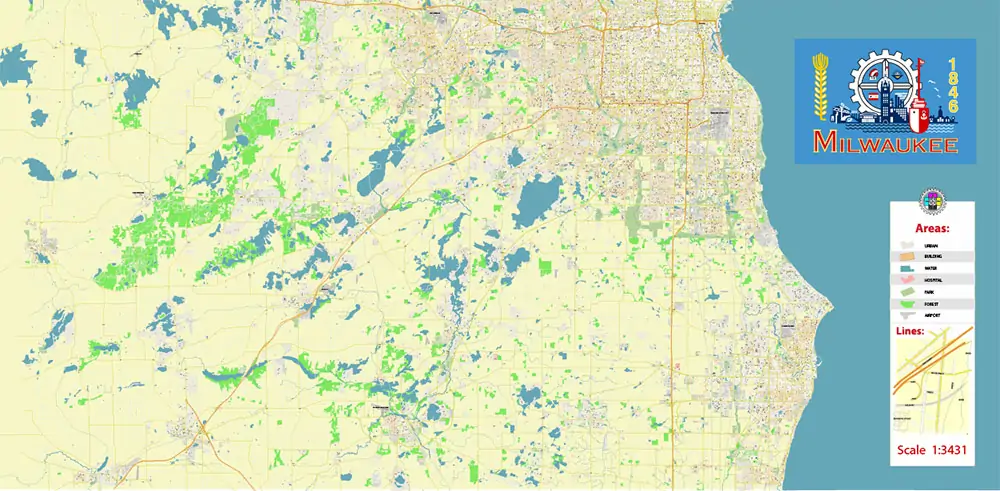 Milwaukee area Wisconsin US Vector Map exact high detailed editable layered Adobe Illustrator