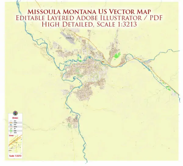 Missoula Montana US Vector Map high detailed All Roads Streets Cities Towns map editable Layered Adobe Illustrator