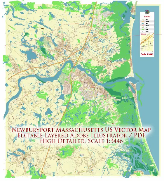 Newburyport Massachusetts US Vector Map high detailed All Roads Streets Cities Towns map editable Layered Adobe Illustrator