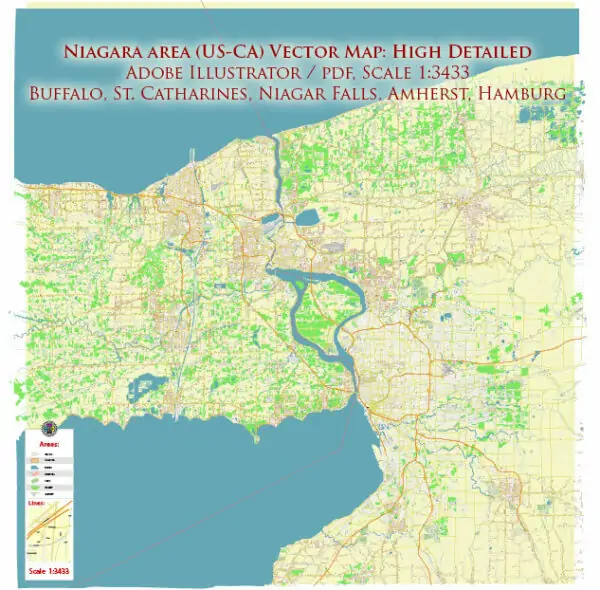 Buffalo Niagara Falls New York US St.Catharines CA Vector Map exact high detailed editable layered Adobe Illustrator
