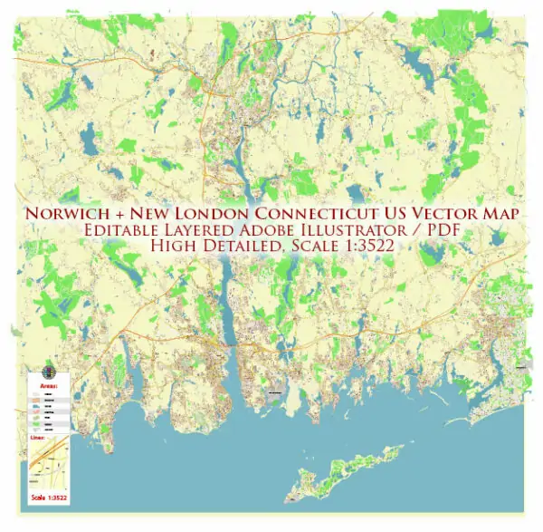 Norwich New London Connecticut US Vector Map high detailed All Roads Streets Cities Towns map editable Layered Adobe Illustrator
