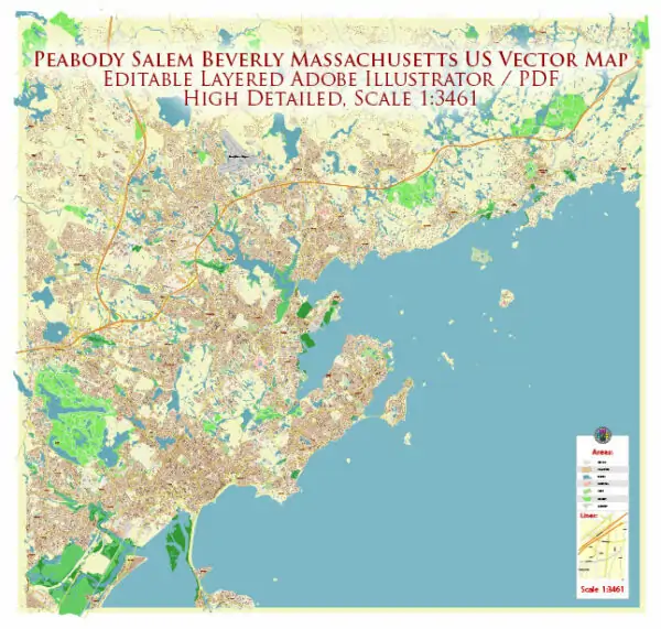 Peabody Salem Beverly Massachusetts US Vector Map high detailed All Roads Streets Cities Towns map editable Layered Adobe Illustrator