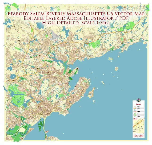 Peabody Salem Beverly Massachusetts US Vector Map high detailed All Roads Streets Cities Towns map editable Layered Adobe Illustrator