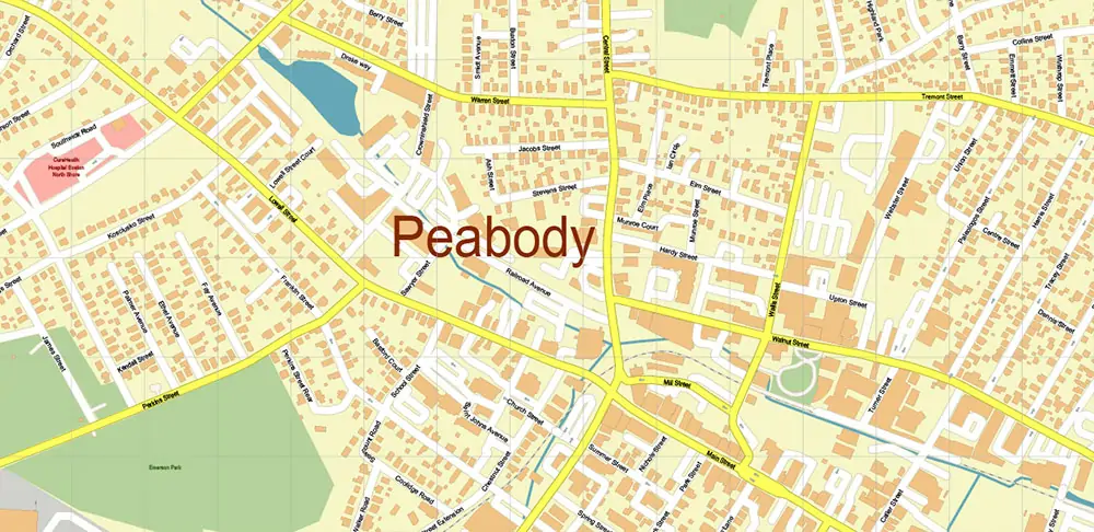 Peabody Salem Beverly Massachusetts US Vector Map high detailed All Roads Streets Cities Towns map editable Layered Adobe Illustrator