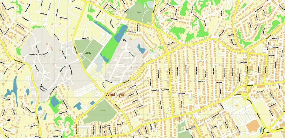 Peabody Salem Beverly Massachusetts US Vector Map high detailed All Roads Streets Cities Towns map editable Layered Adobe Illustrator