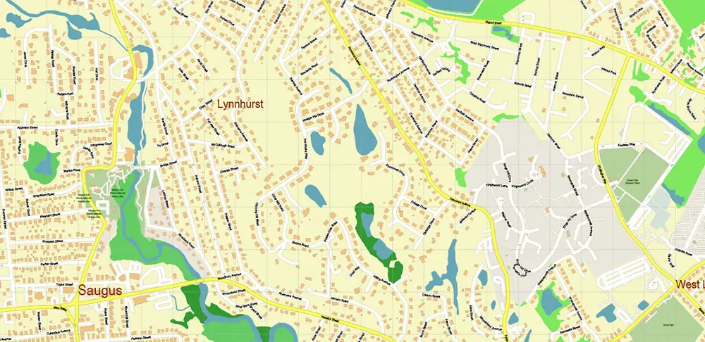 Peabody Salem Beverly Massachusetts US Vector Map high detailed All Roads Streets Cities Towns map editable Layered Adobe Illustrator
