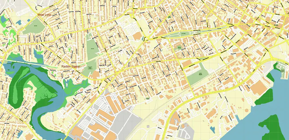 Peabody Salem Beverly Massachusetts US Vector Map high detailed All Roads Streets Cities Towns map editable Layered Adobe Illustrator