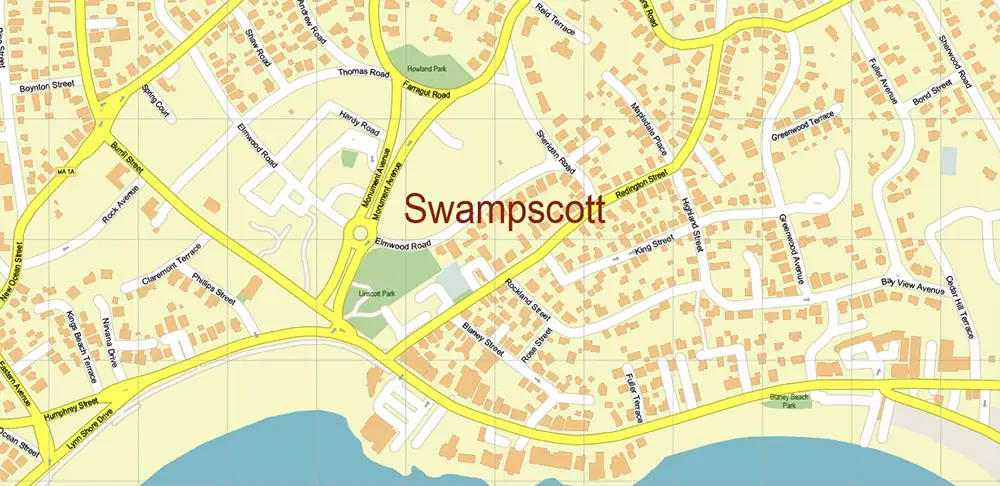 Peabody Salem Beverly Massachusetts US Vector Map high detailed All Roads Streets Cities Towns map editable Layered Adobe Illustrator