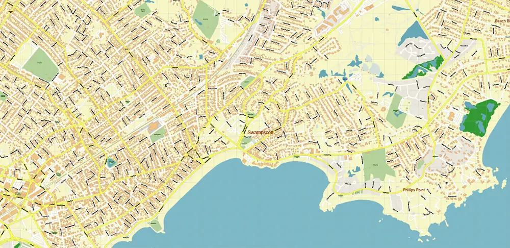Peabody Salem Beverly Massachusetts US Vector Map high detailed All Roads Streets Cities Towns map editable Layered Adobe Illustrator