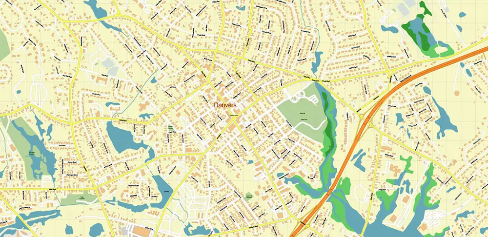 Peabody Salem Beverly Massachusetts US Vector Map high detailed All Roads Streets Cities Towns map editable Layered Adobe Illustrator