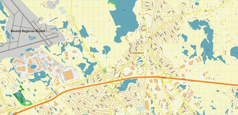 Peabody Salem Beverly Massachusetts US Vector Map high detailed All Roads Streets Cities Towns map editable Layered Adobe Illustrator